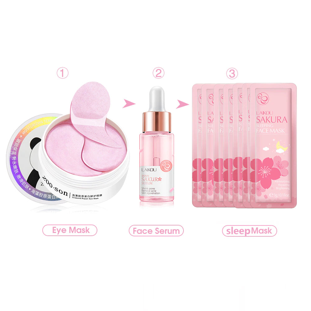 Face Skin Care Set Cherry Blossom Essence Moisturizing Collagen Eye Patches & Whitening Face Serum & Anti-Aging Sleep Mask Cream