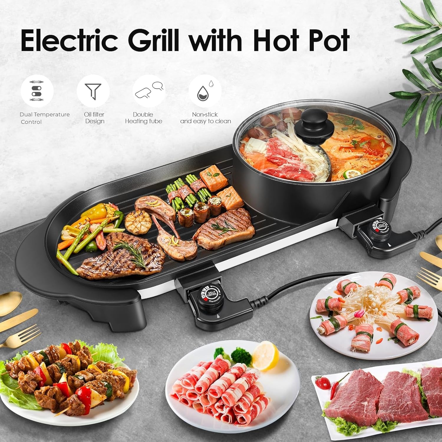 Hot Pot with Grill, Korean BBQ Grill Indoor Hotpot Pot Electric Combo, Shabu Shabu Pot with Divider KBBQ Grill Smokeless Non-Stick Separate Dual Temperature Control, for 2-12 People, 110V