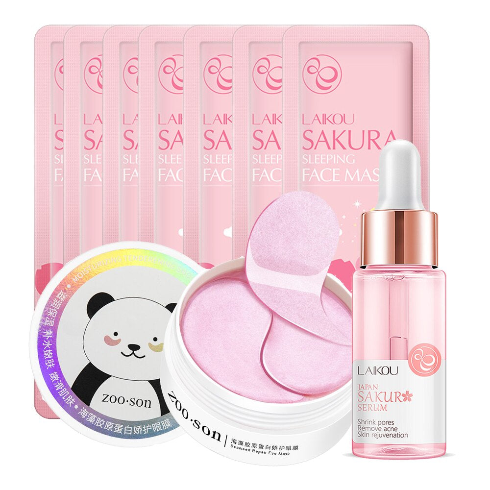 Face Skin Care Set Cherry Blossom Essence Moisturizing Collagen Eye Patches & Whitening Face Serum & Anti-Aging Sleep Mask Cream