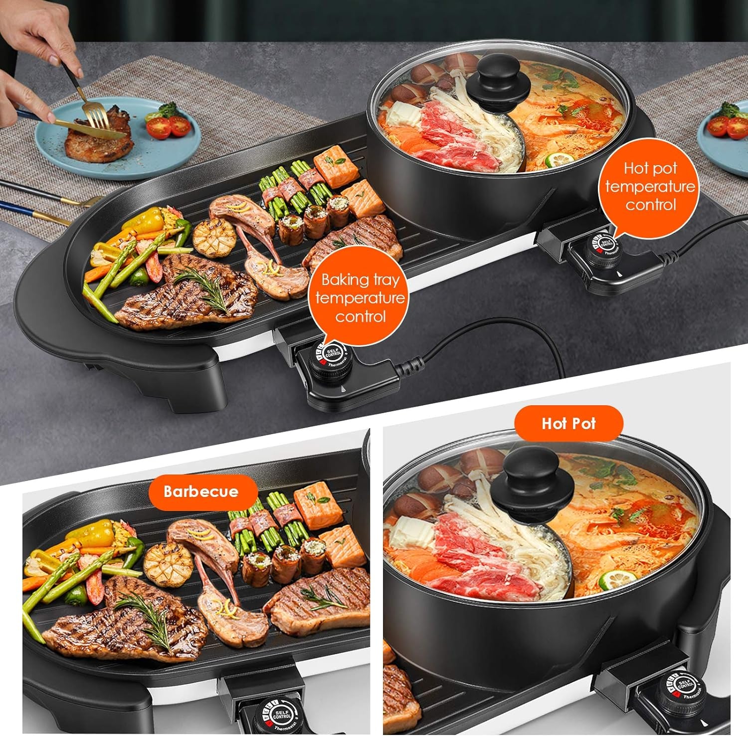 Hot Pot with Grill, Korean BBQ Grill Indoor Hotpot Pot Electric Combo, Shabu Shabu Pot with Divider KBBQ Grill Smokeless Non-Stick Separate Dual Temperature Control, for 2-12 People, 110V