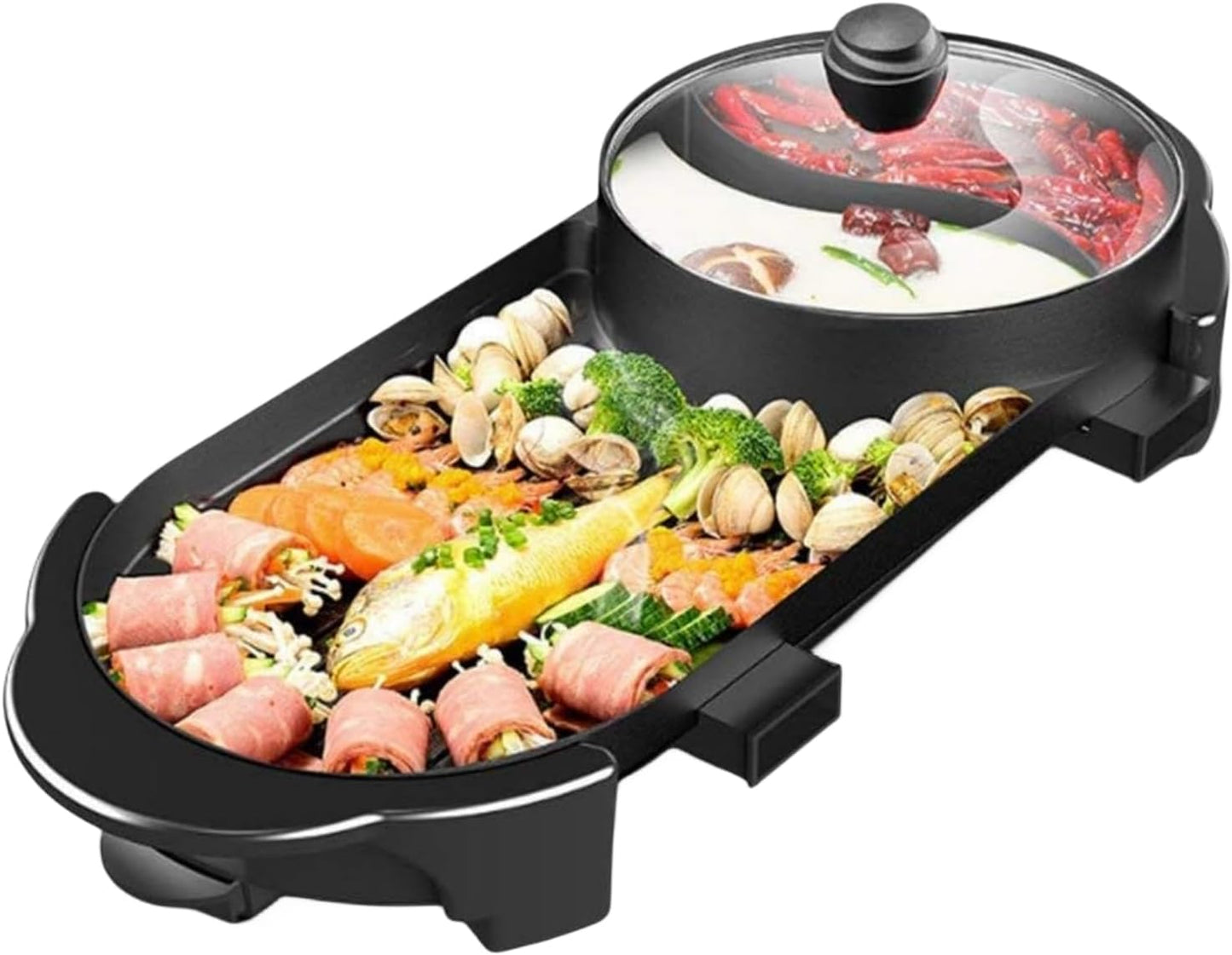 Hot Pot with Grill, Korean BBQ Grill Indoor Hotpot Pot Electric Combo, Shabu Shabu Pot with Divider KBBQ Grill Smokeless Non-Stick Separate Dual Temperature Control, for 2-12 People, 110V